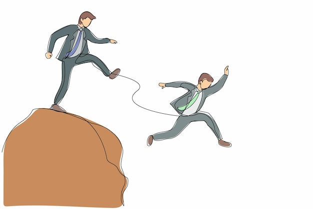 Single one line drawing businessman kick throw male colleague off cliff or hill Man eliminate rival