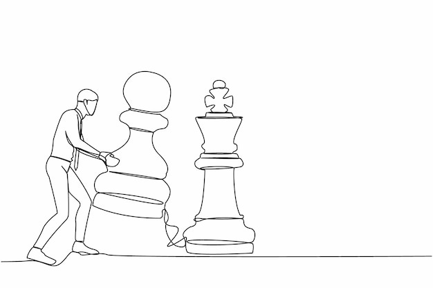 Single one line drawing businessman lifting pawn chess piece to beat king chess Strategic planning