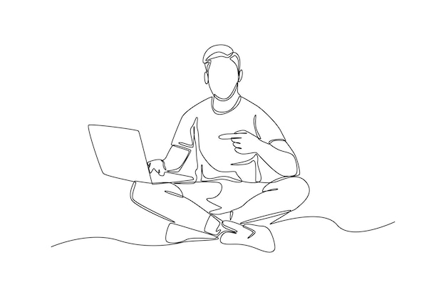 Бизнесмен, рисующий одну линию, указывая на свой ноутбук Концепция указания Непрерывный рисунок линии дизайн графической векторной иллюстрации