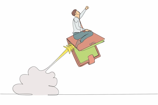 single one line drawing businessman riding wallet rocket flying in sky achievements in financial