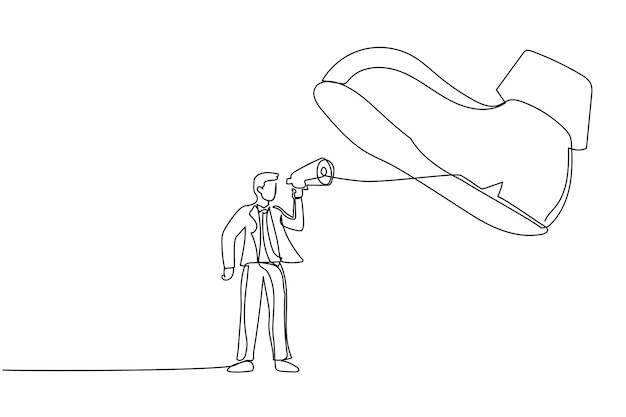 Single one line drawing businessman speaking with megaphone under giant shoe boot of army soldier