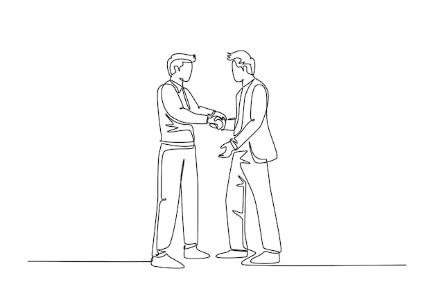 Single one line drawing businessmen handshaking his business partner after their project goal Great teamwork Business deal cooperation Modern continuous line draw design graphic vector illustration