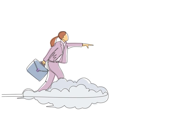 Vector single one line drawing businesswoman holding briefcase ride cloud pointing forward go to future