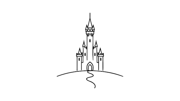 Vector single one line drawing of castle in an amusement park with four towers and two flags on it