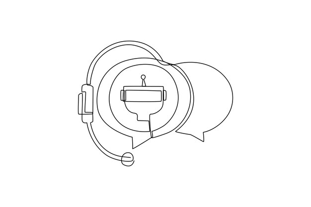 ベクトル ロボットとの 1 つの線画チャット スマートフォンとラップトップ チャットボットのコンセプト 連続線描画デザイン グラフィック ベクトル図