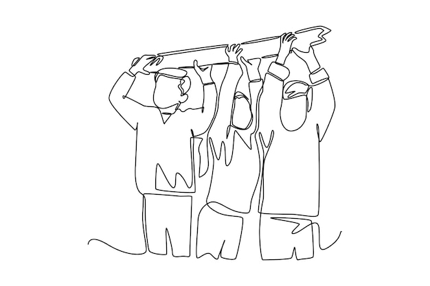 Single one line drawing children work together to lift a large log Team work concept Continuous line draw design graphic vector illustration