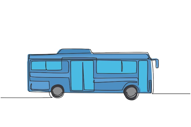 Single one line drawing of city buses seen from the side serving passengers departing and returning