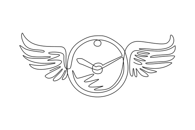 Vector single one line drawing clock with wings flying in the sky lost time concept design graphic vector