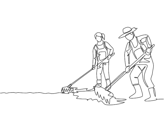 Single one line drawing couple farmer leveling the ground using a rake Start a new planting season