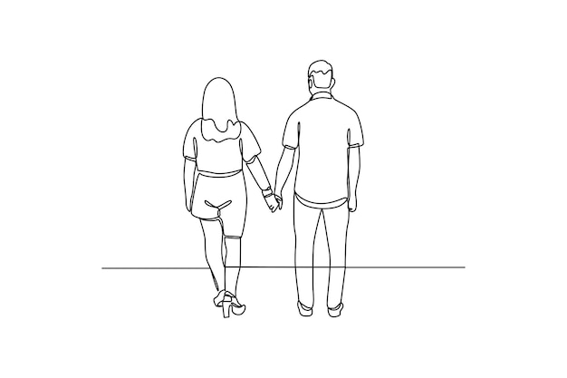 함께 는 동안 손을 잡고 있는 커플의 단일 한 줄 그림 사랑에 빠진 커플이 함께 시간을 보내는 행복한 가족 개념 현대적인 연속적인 선 그림 디자인 그래픽 터 일러스트
