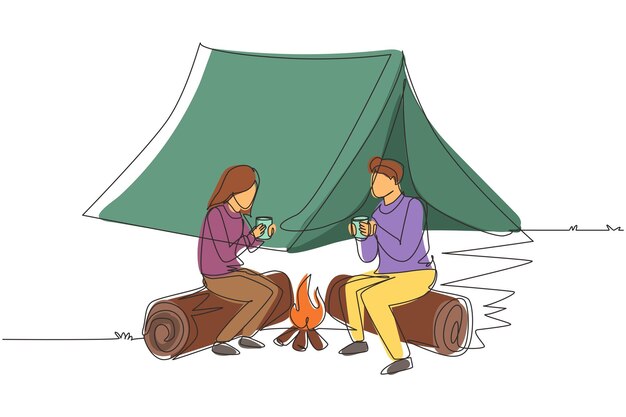 Single one line drawing couple near bonfire romantic date out of town camping Man and woman vector