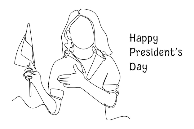 Singolo disegno a una linea carina bambina con bandiere nazionali alla celebrazione del giorno dei presidenti concetto del giorno dei presidenti illustrazione vettoriale grafica del disegno di disegno a linea continua