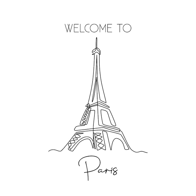 Single one line drawing of Eiffel Tower landmark wall decor poster Iconic place in Paris France Tourism and travel greeting postcard concept Modern continuous line draw design vector illustration