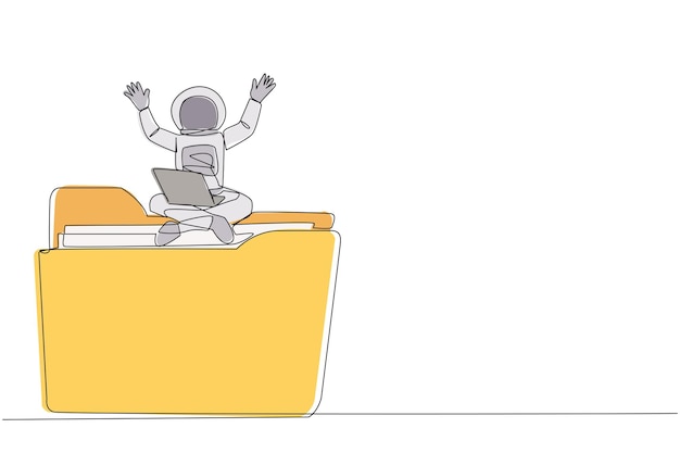 Vector single one line drawing energetic astronaut sitting on giant folder holding laptop raise both hands