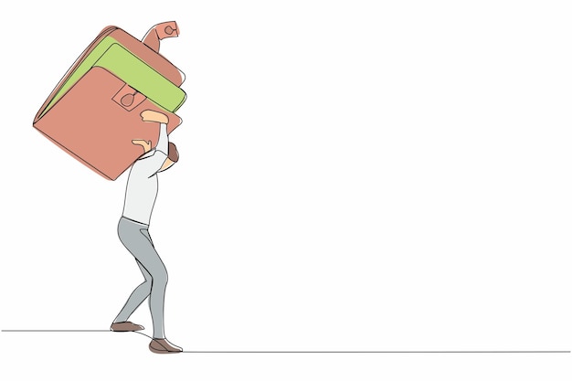 Single one line drawing exhausted businessman carrying heavy wallet on his back Stressed worker