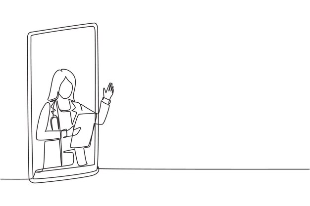 Single one line drawing female doctor comes out smartphone screen holding clipboard medical services