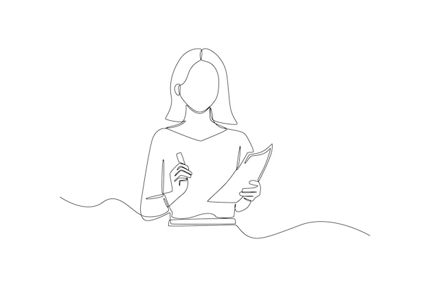 1行の線画女性教師が手にノートとペンを使って教える国際教師の日コンセプト連続線画デザイングラフィックベクターイラスト
