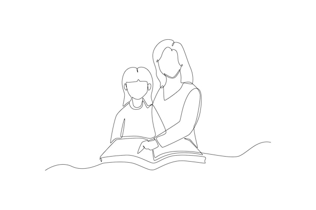 Single one line drawing female teacher teaching girl pupil reading book in classroom International teacher's day concept Continuous line draw design graphic vector illustration