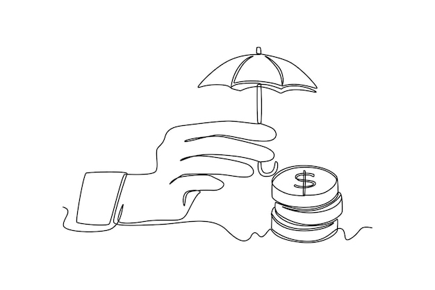Одна линия рисует финансовую безопасность с зонтиком. Концепция банка. Непрерывный рисунок линии. Графическая векторная иллюстрация.