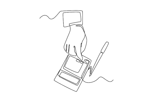 Single one line drawing finger touches the calculator button and a pen Tax concept Continuous line draw design graphic vector illustration