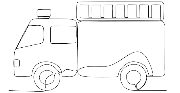 Vector single one line drawing of firetruck with rescue ladder and nozzle fire engine as firefighter