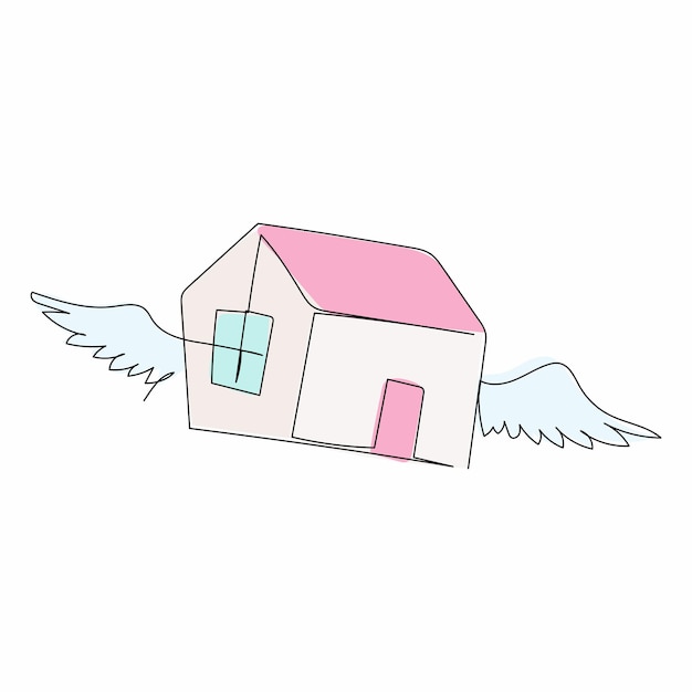 単一の1行の絵 翼のある空飛ぶ家のロゴ 無重力の翼の家 飛ぶ夢