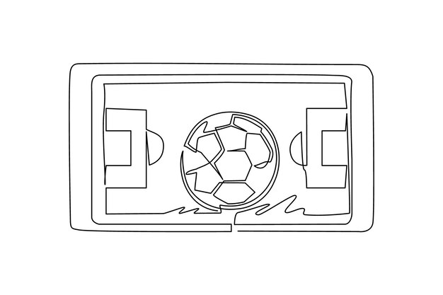 Vettore disegno in una sola linea di campo da calcio e palla da calcio su smartphone smartphone con app calcio