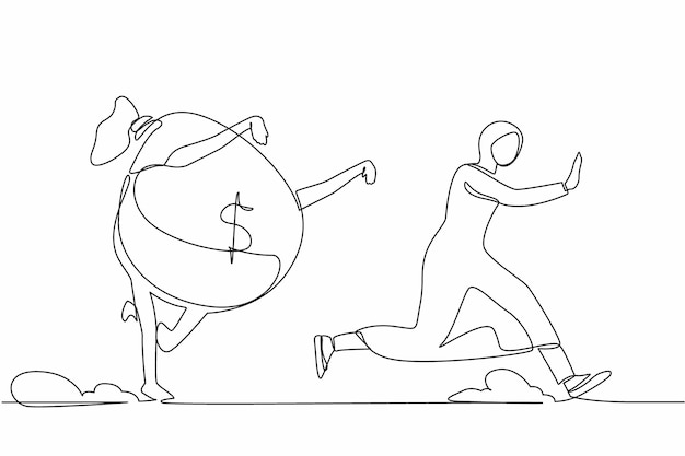 Single one line drawing fright Arab businesswoman being chased by a money bag a metaphor concept