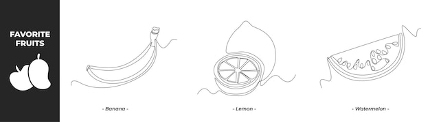 Рисунок одной линии. Концепция набора фруктов. Банан, лимон и арбуз. Непрерывный рисунок линии. Графическая векторная иллюстрация.