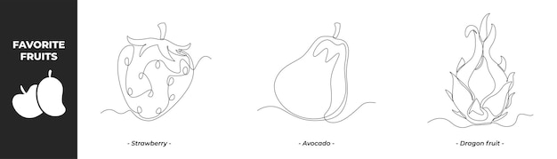 Single one line drawing Fruits set concept Strawberry Avocado and Dragon Fruit Continuous line draw design graphic vector illustration