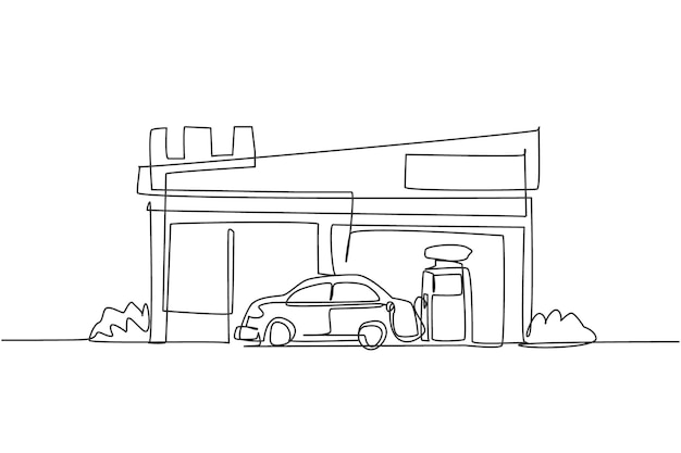Vector single one line drawing of gas station for refueling car gasoline rest area construction building