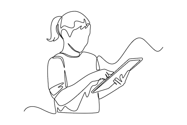 Single one line drawing girl looks very serious because doing the task of analyzing product network marketing on a tablet Sales Concept Continuous line draw design graphic vector illustration