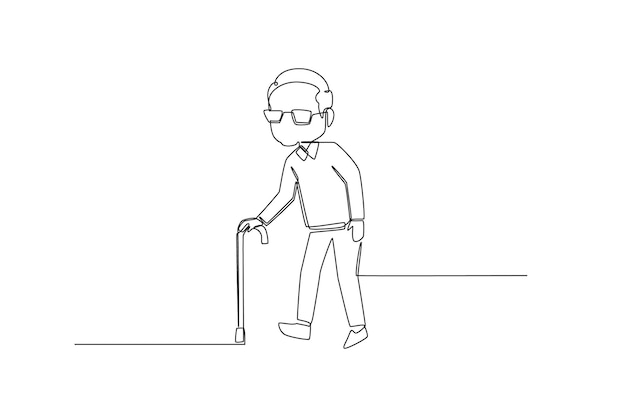 Single one line drawing grandfather with stick walking to park Grandparents day Continuous line draw design graphic vector illustration