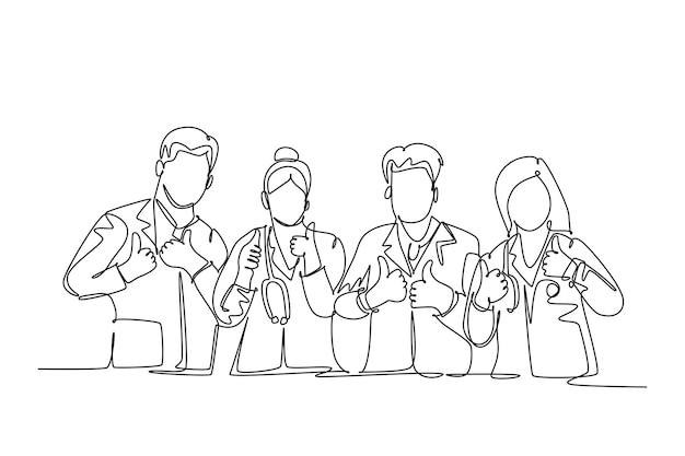 サービス卓越性のシンボルとして親指を立てるジェスチャーを与える若い幸せな男性と女性の医師の単一の線画グループ医療チームの仕事連続線描画デザイングラフィックベクトルイラスト