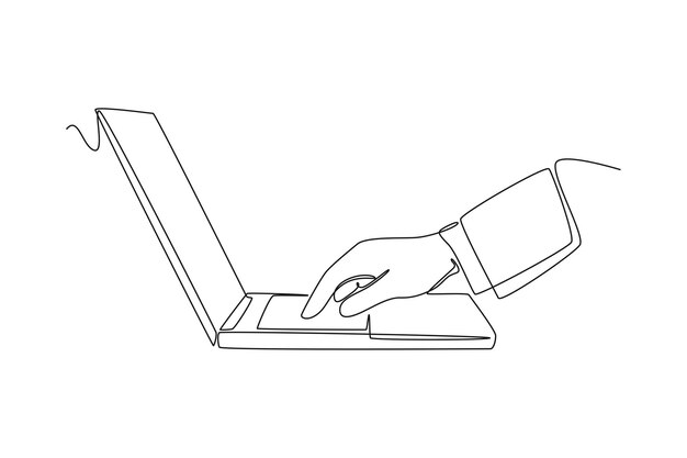 Disegno a una linea singola mani al lavoro sulla tastiera del laptop con schermo del monitor vuoto concetto di social media illustrazione grafica vettoriale del disegno a linea continua