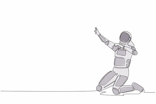 Vector single one line drawing happy astronaut kneeling with celebrating goal pose successful spaceship