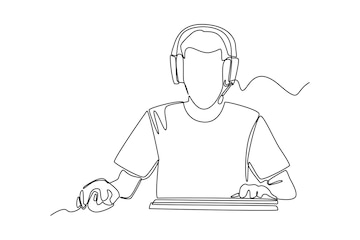 Single one line drawing happy boy wearing headset playing online video game  on his computer. E-sports game concept. Continuous line draw design graphic  vector illustration. 18921447 Vector Art at Vecteezy