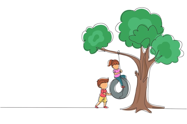 Single one line drawing happy boys and girls playing tire swing under tree Kids swinging on tire hanging from tree Children playing in garden Continuous line draw design graphic vector illustration