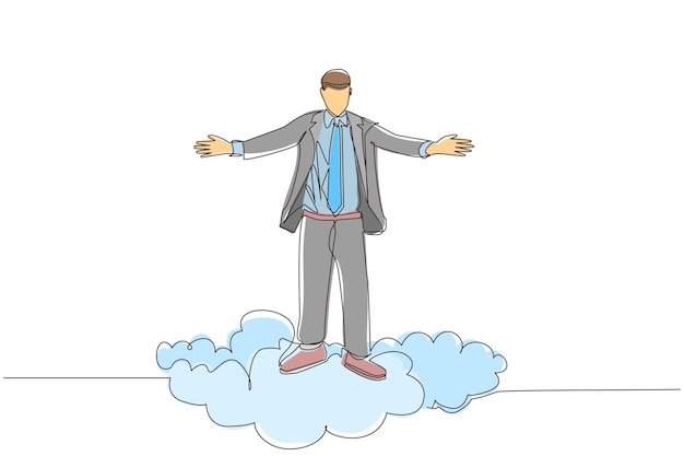 Одна линия рисует счастливого бизнесмена на вершине облака с поднятыми руками успешный бизнес