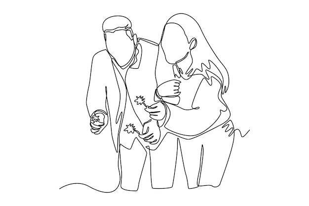 Одна линия рисует счастливую пару, развлекающуюся с огненными бенгальскими огнями в новом году Hangouts With Friends concept Непрерывный рисунок линии графическая векторная иллюстрация