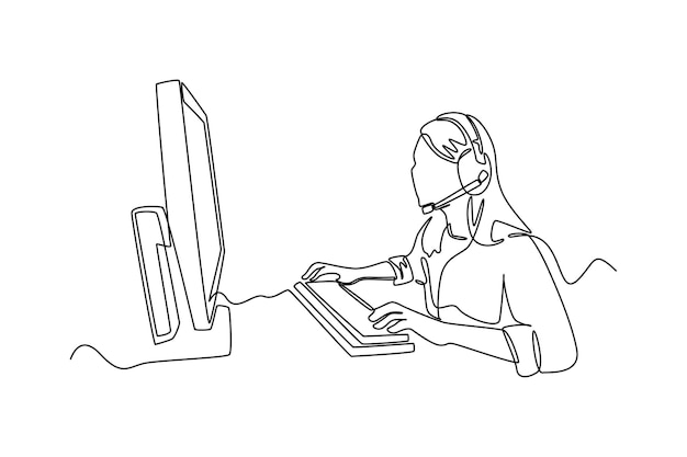 Single one line drawing happy girl wearing headset playing online video game on her computer Esports game concept Continuous line draw design graphic vector illustration