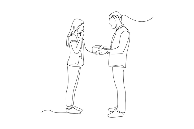 Single one line drawing happy man giving a gift to his girlfriend giving season go concept continuous line draw design graphic vector illustration