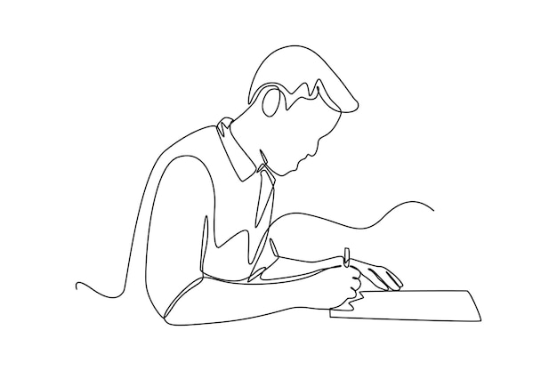 Single one line drawing happy man hands holding pen and filling tax form Tax concept Continuous line draw design graphic vector illustration