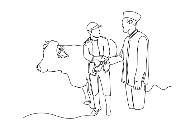 Single one line drawing happy muslim boy bring a cow for sacrifice Happy Eid Al Adha concept Continuous line draw design graphic vector illustration