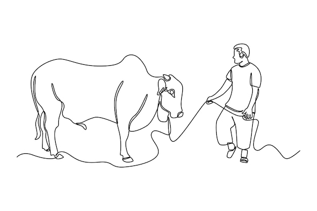 Single one line drawing happy muslim boy bring a cow for sacrifice Happy Eid Al Adha concept Continuous line draw design graphic vector illustration