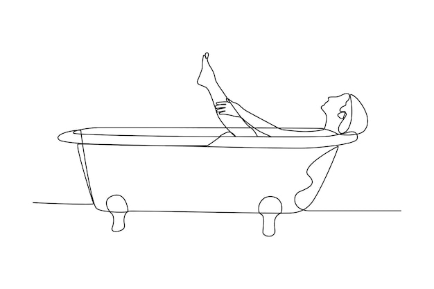 Single one line drawing happy woman is taking a bath Bathroom activity concept Continuous line draw design graphic vector illustration