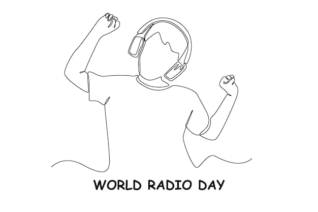 イヤホンで音楽を聴く幸せな少年を描く 1 行 1 行 世界ラジオデーのコンセプト 連続線画デザイン グラフィック ベクトル図