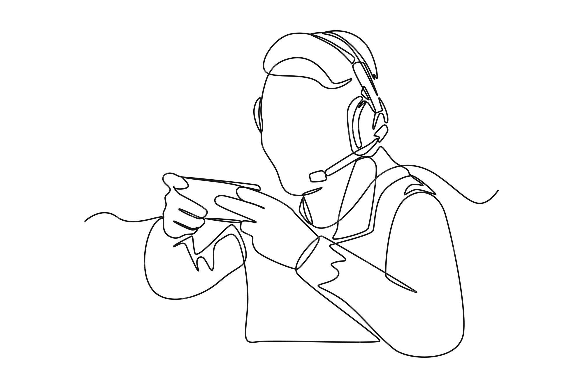 A young man with headset looking at monitor computer. Continuous one line  drawing of a gamer playing games with computer monitor, headphone, mouse,  and keyboard. Sparring game online concept 2099816 Vector Art