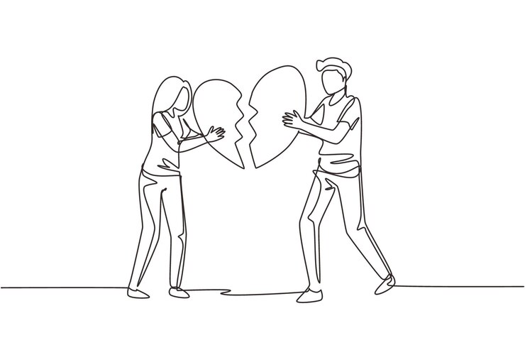 Vector single one line drawing heartbroken couple parting divorce sad young man and woman trying to put together parts of broken heart modern continuous line draw design graphic vector illustration