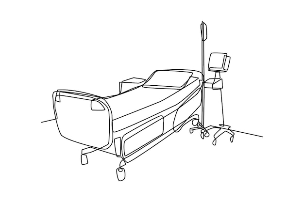 Single one line drawing Hospital room interior with bed and clinic equipment An empty hospital room concept Continuous line draw design graphic vector illustration